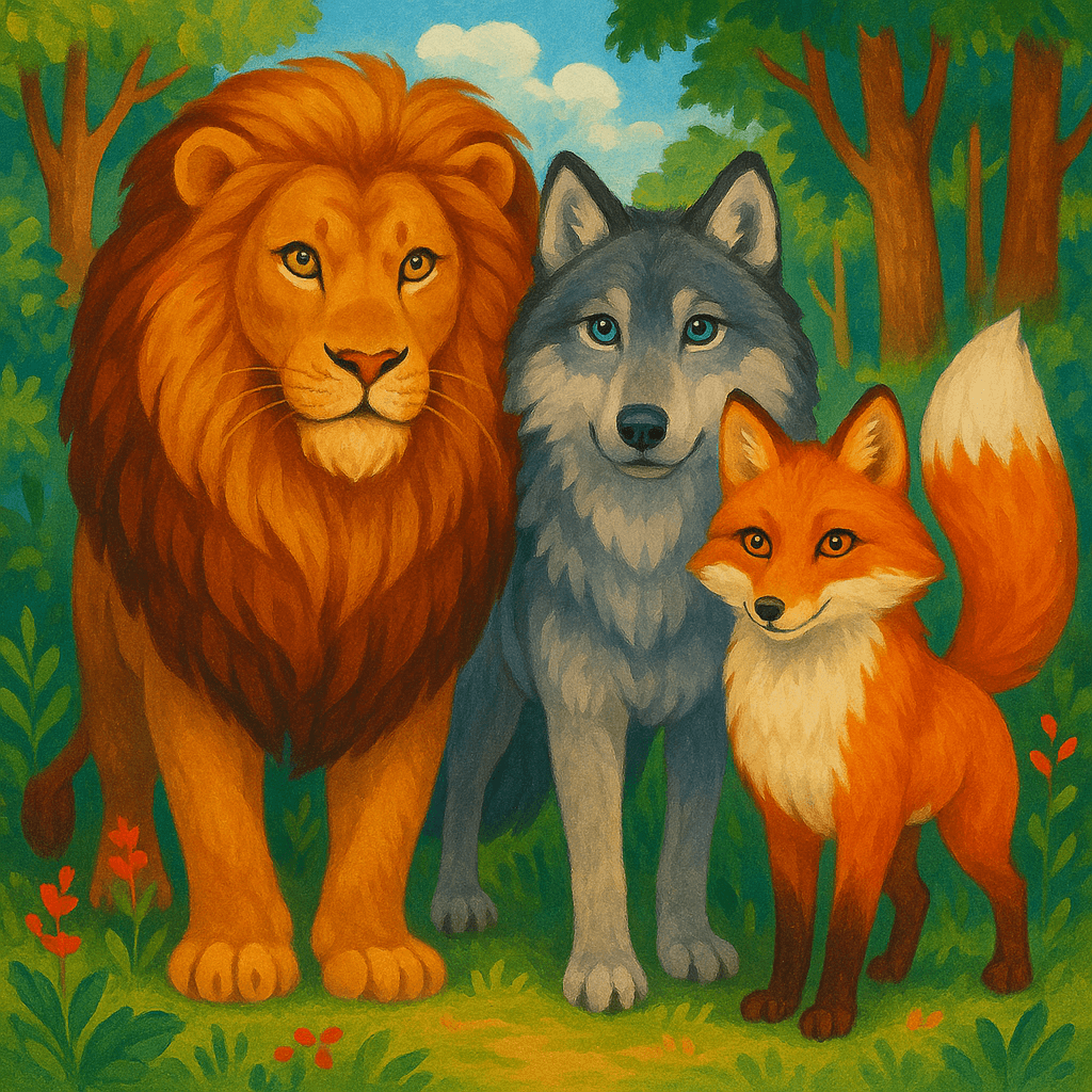 Лев, волк и лиса стоят вместе на поляне леса. Яркая декоративная обложка для детской сказки.