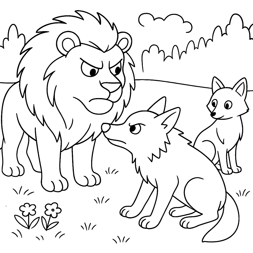 Раскраска по сказке "Лев, волк и лиса"