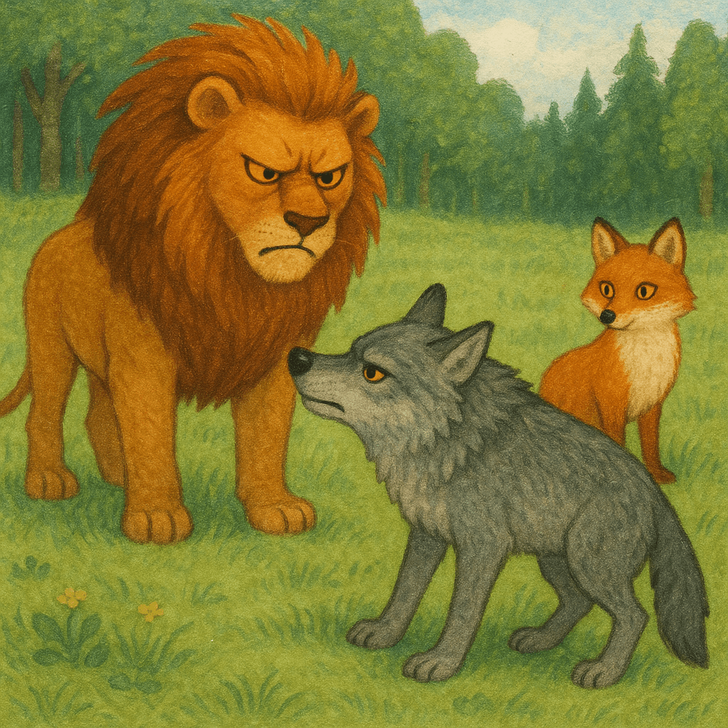 Лев нападает на волка лиса испуганно смотрит