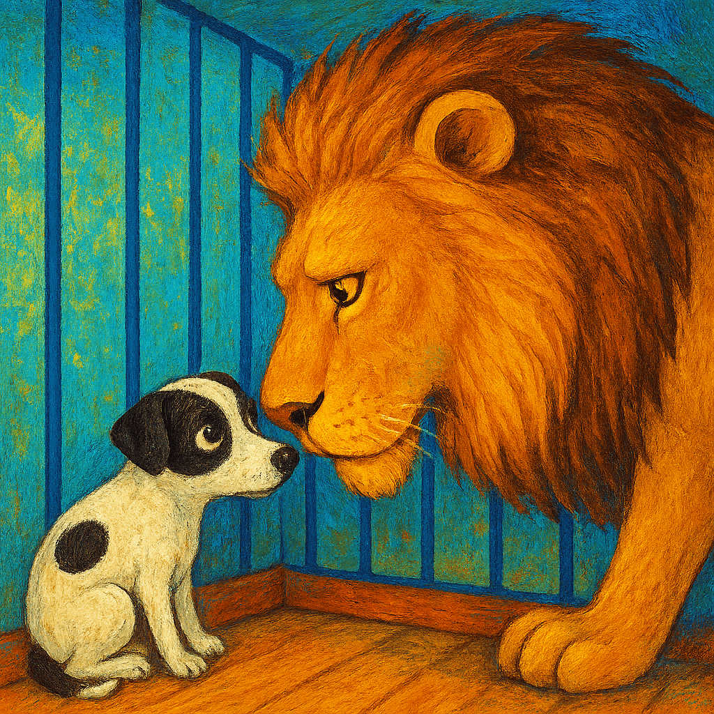 Лев впервые встречает собачку в клетке.