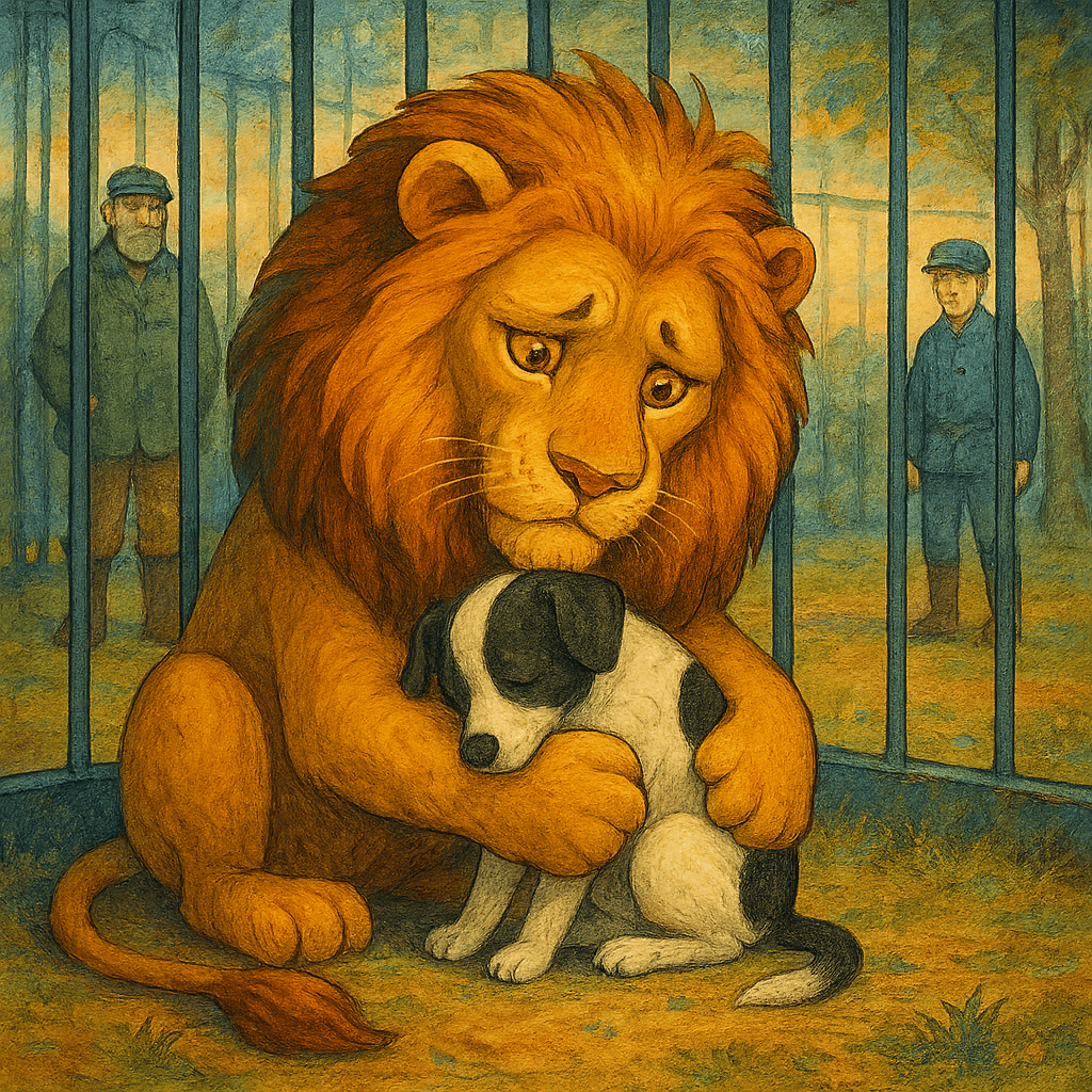 Лев оплакивает погибшую собачку.