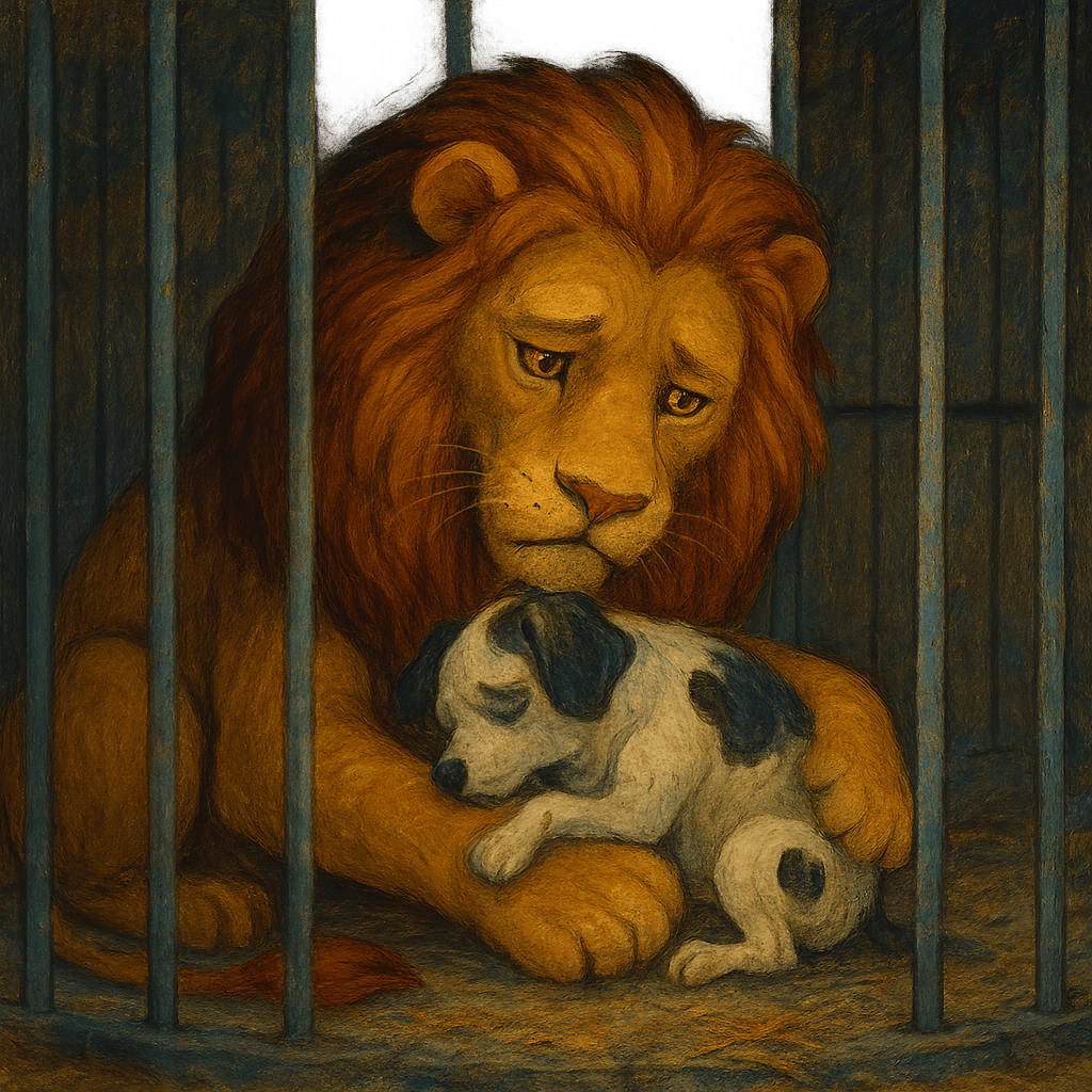 Лев лежит с погибшей собачкой, грустная концовка.