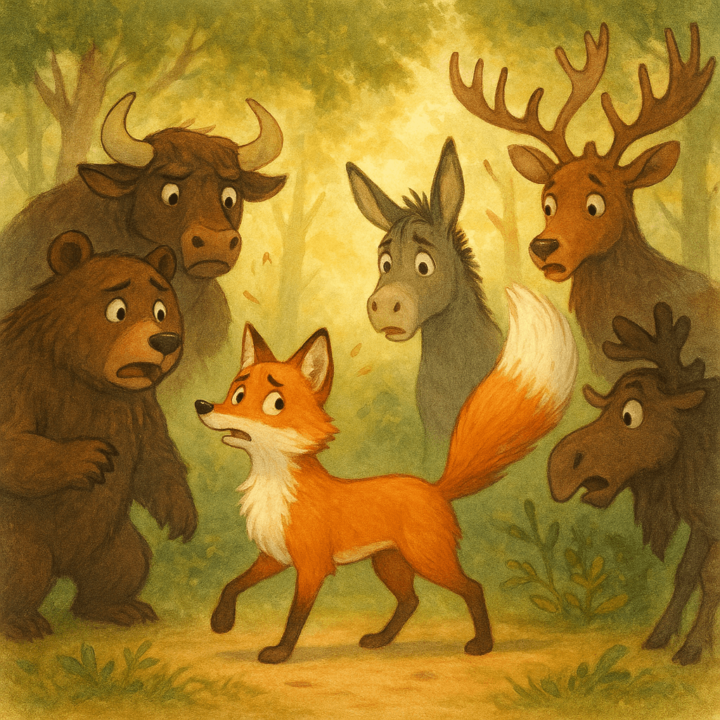 Лис командует зверями, держа свой хвост вверх среди леса