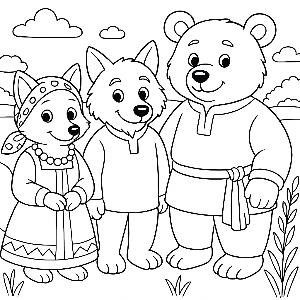 Раскраска по сказке "Лиса, волк и медведь"