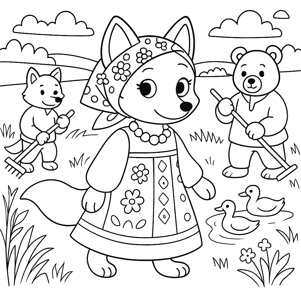 Раскраска по сказке "Лиса, волк и медведь"