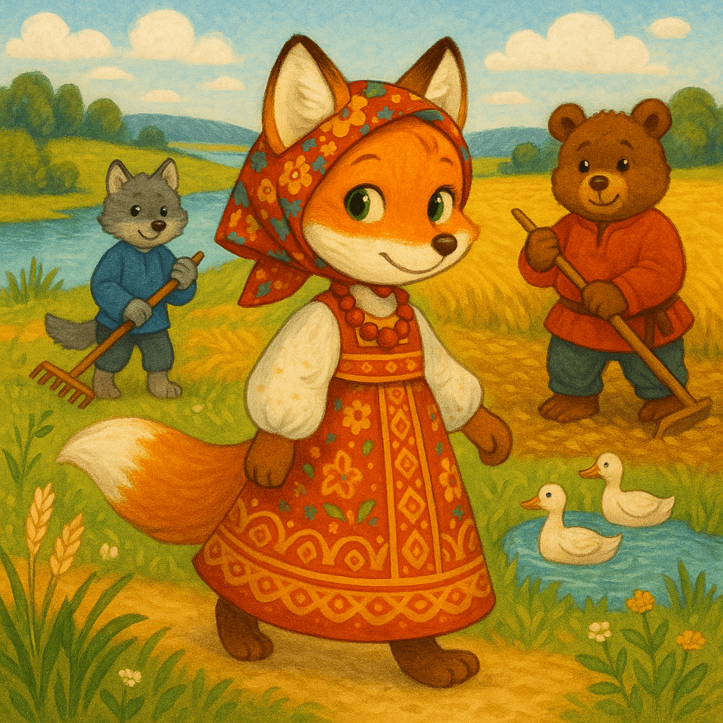 Лиса уходит на озёра ловить уток, а волк и медведь работают на поле