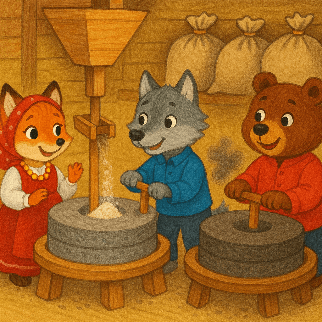 Трое у мельницы крутят жернова: у лисы сыпется белая мука, у волка и медведя — тёмная мякина и солома