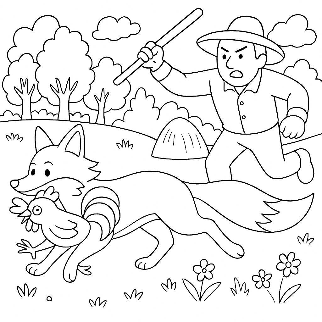 Раскраска по сказке "Как петух лису обманул"