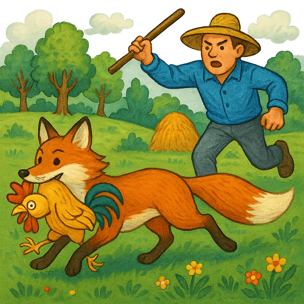 Лиса с петухом и человек с палкой.
