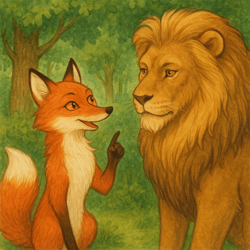 Лиса хитро отвечает льву готовая убежать