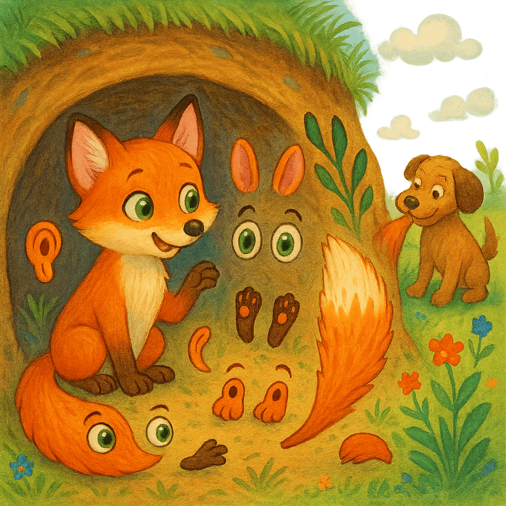 Лисичка в норе разговаривает со своими частями тела, снаружи собака хватает её за хвост.