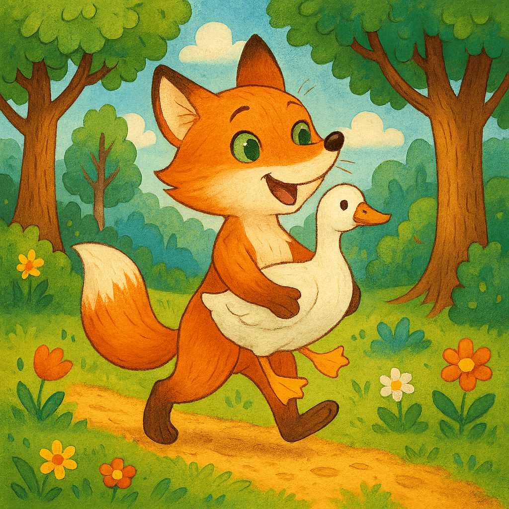 Лисичка счастливо идёт по лесу с гусочкой.