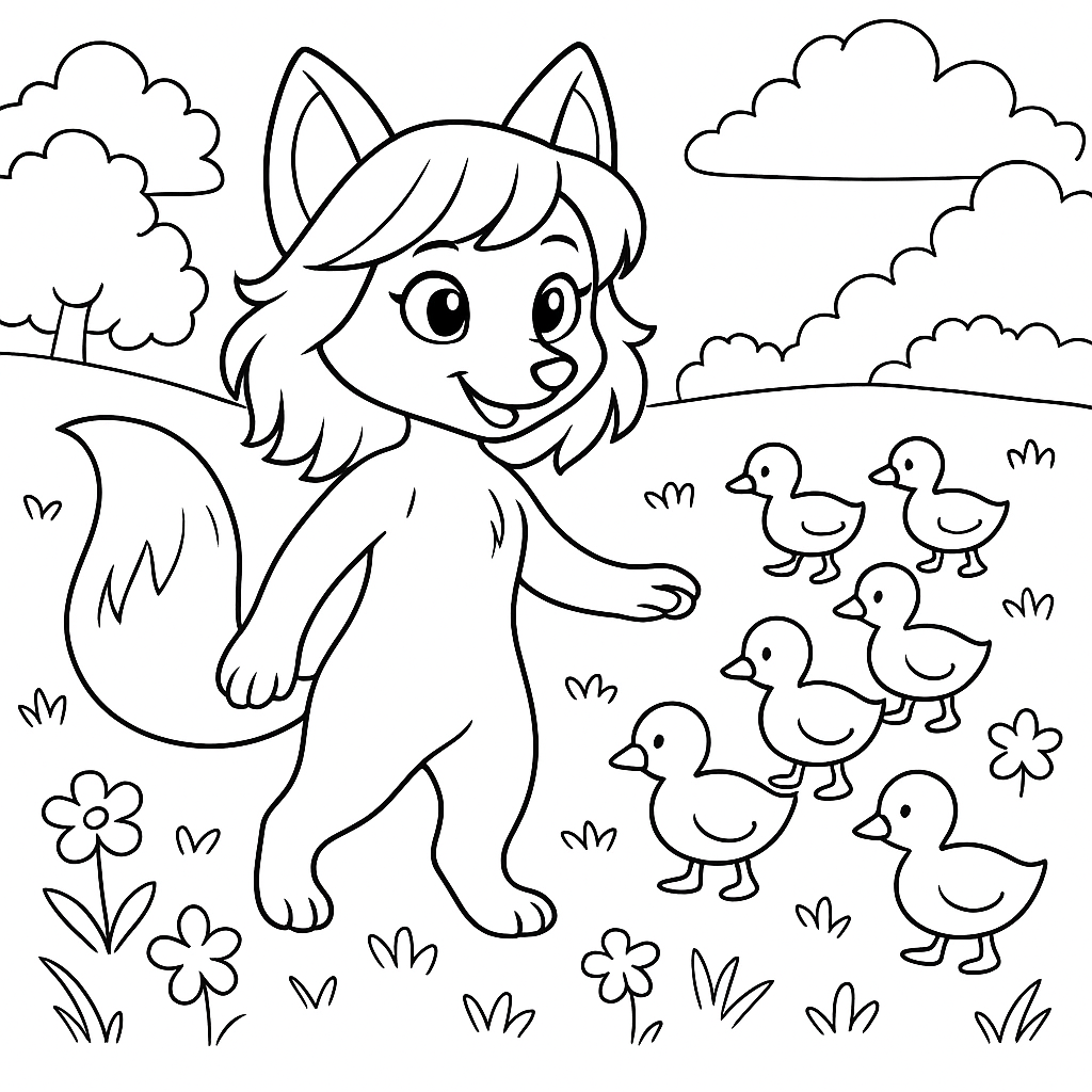 Раскраска по сказке "Лиса и гуси"