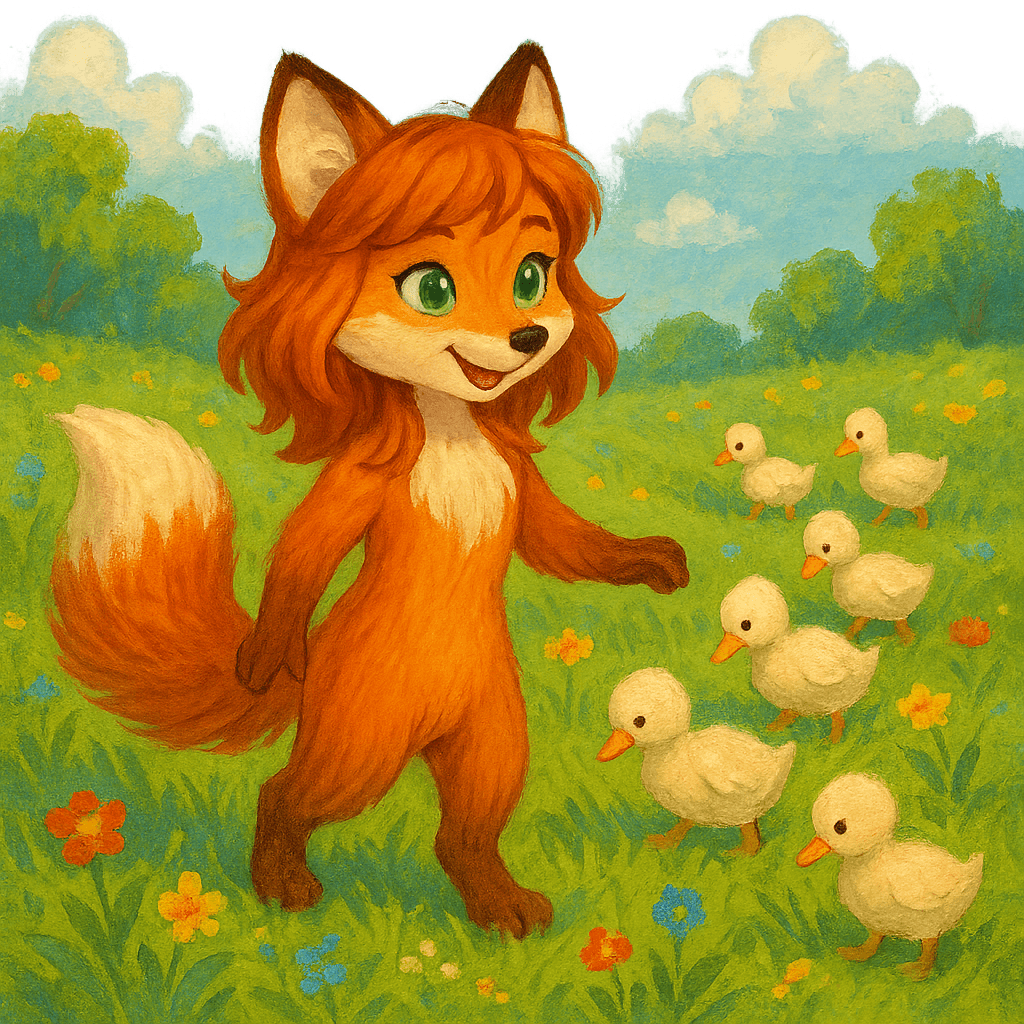 Лиса выходит на лужайку, гуси пасутся вдали.