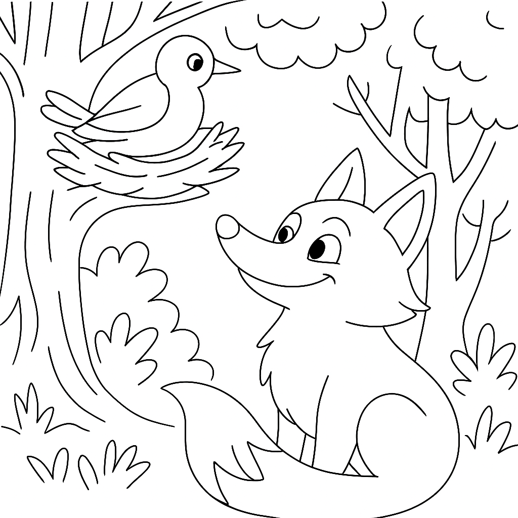 Раскраска по сказке "Лиса и дрозд"