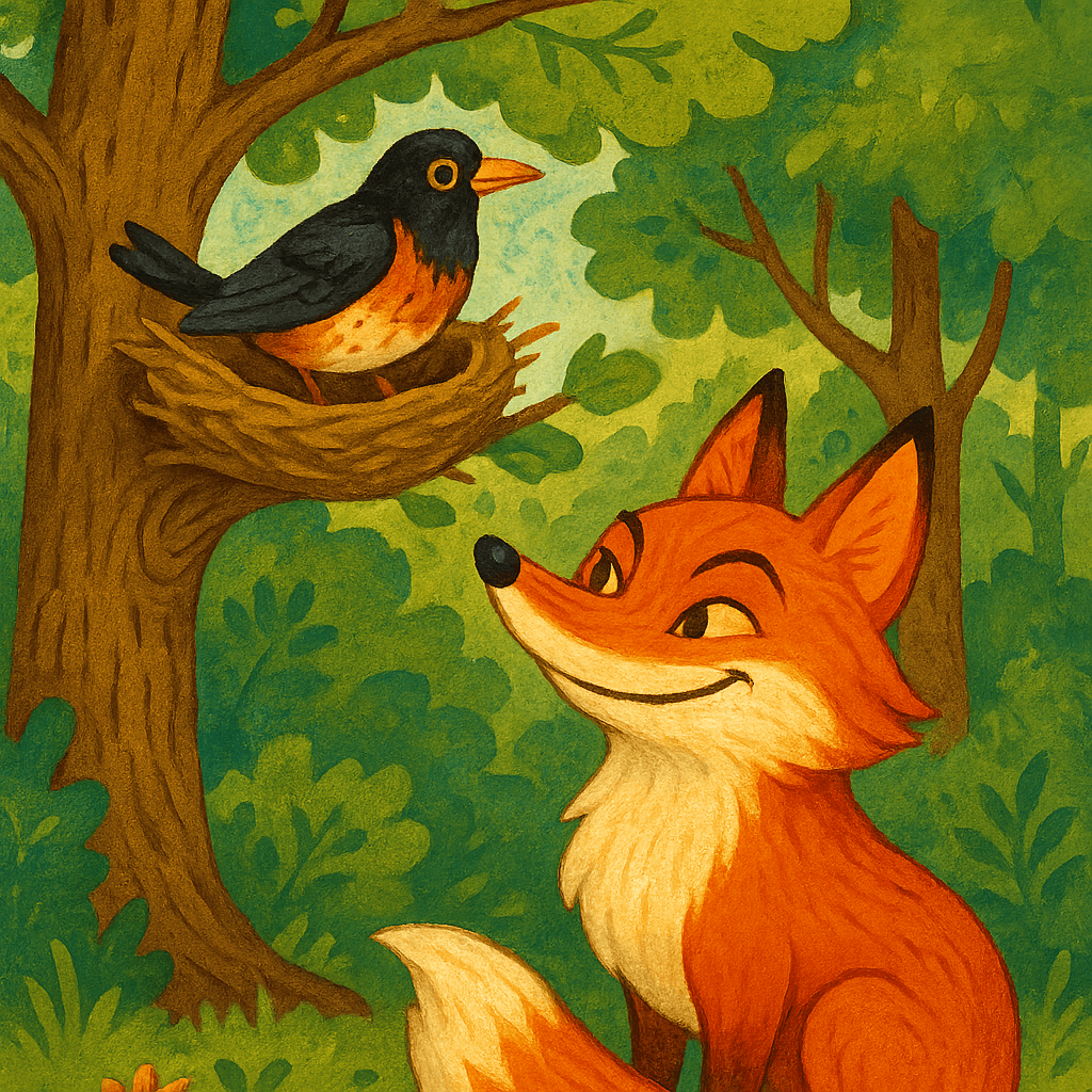 Лиса и дрозд под деревом