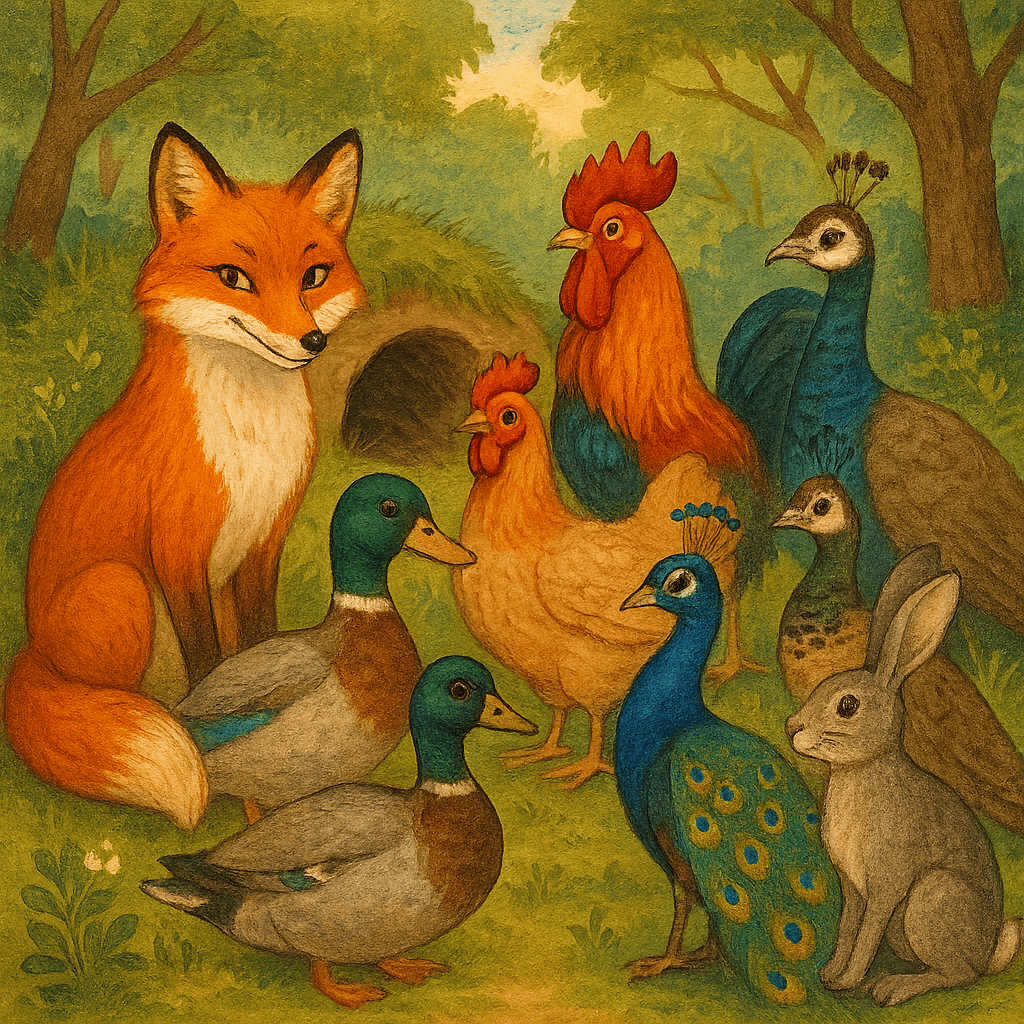 Лиса и лесные птицы и звери на поляне у лисьей норы