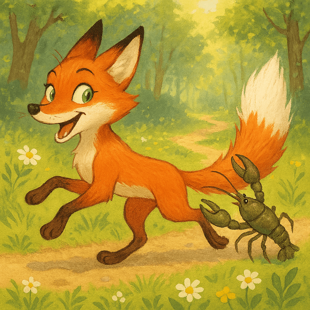 Лиса бежит, а рак держится за ее хвост.