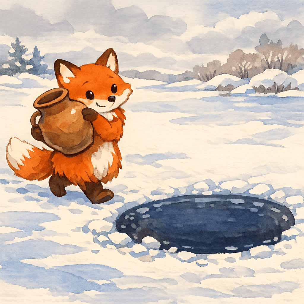Лиса тащит кувшин к проруби на льду