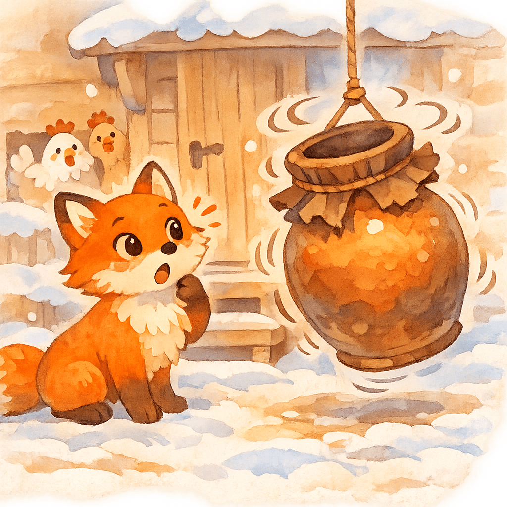 Лиса надела кувшин себе на шею, куры выглядывают