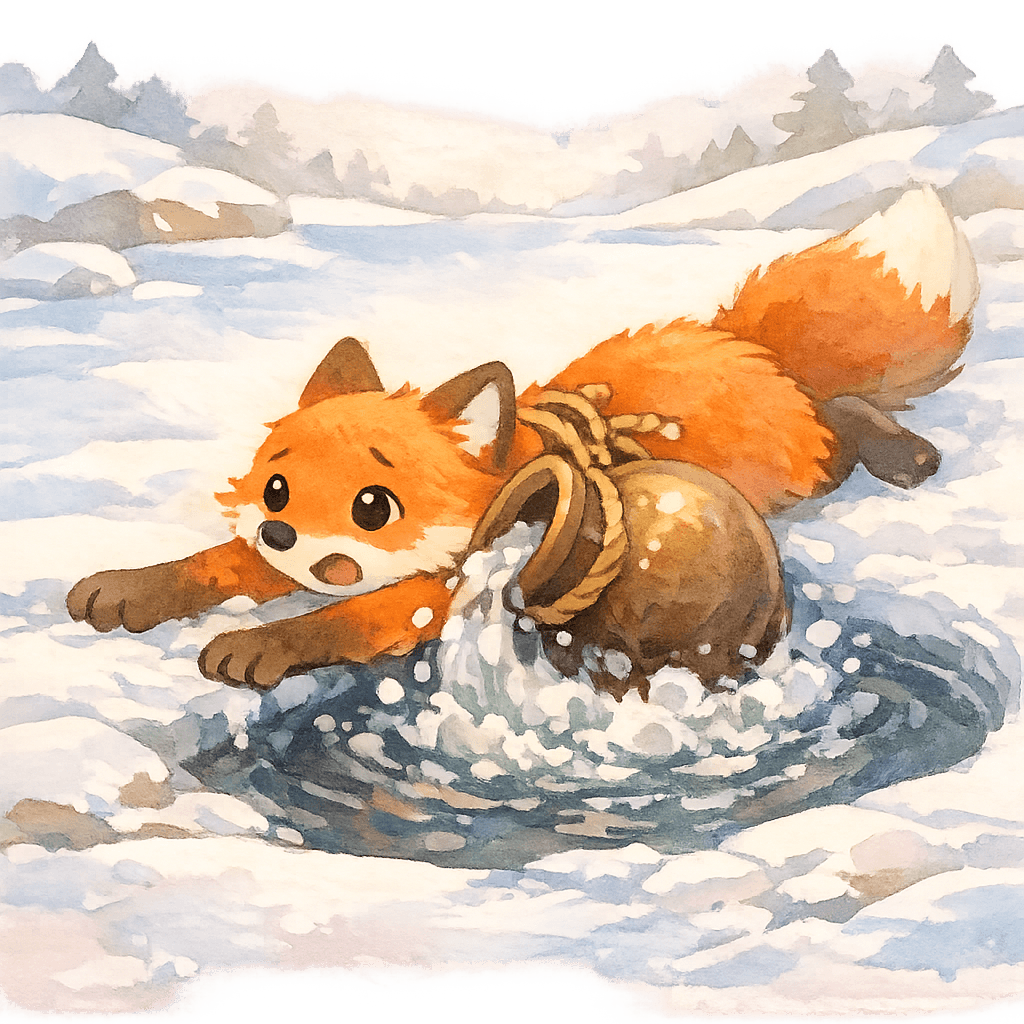 Кувшин тянет лису под воду в проруби, зимний пейзаж