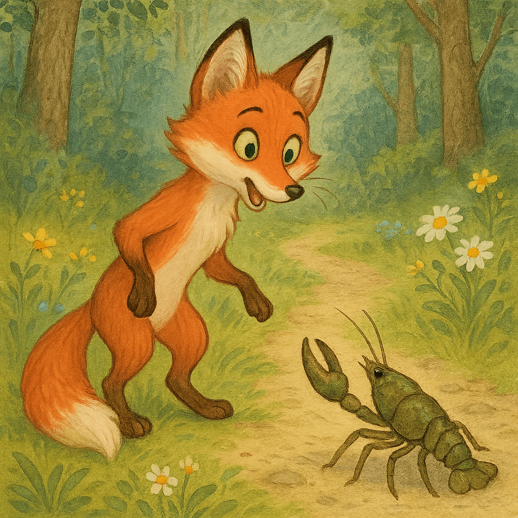 Лиса удивленно смотрит на рака, который стоит перед ней.