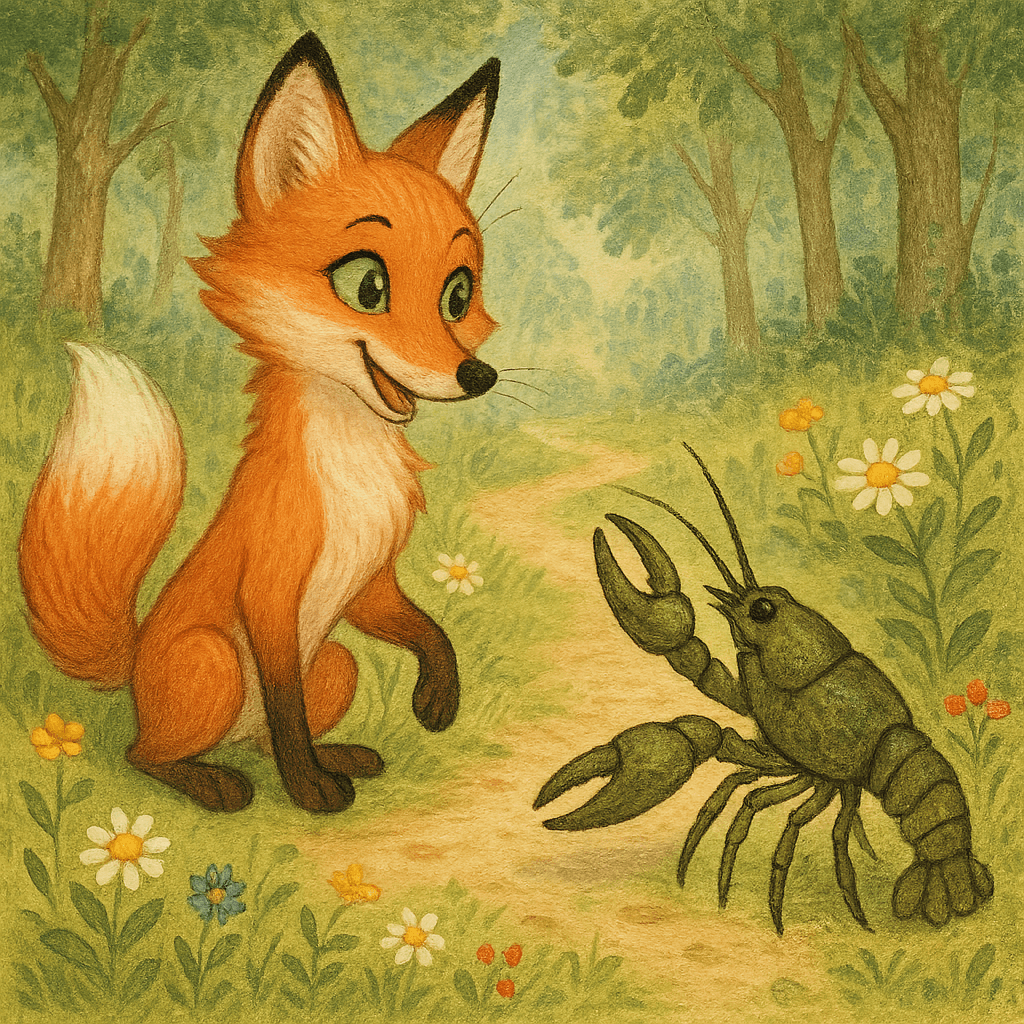 Лиса и рак стоят вместе на тропинке, разговаривают.