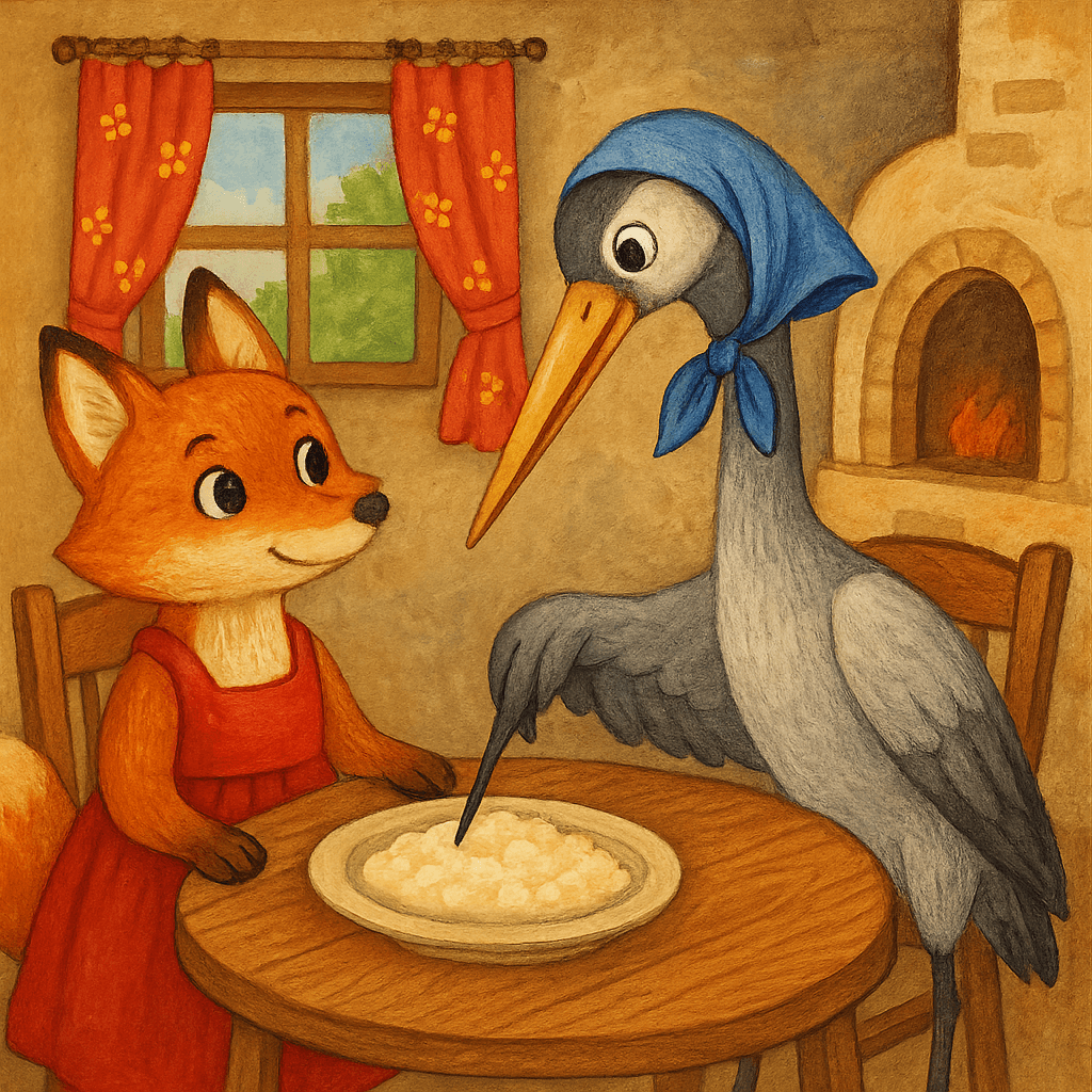 Лиса угощает журавля манной кашей на плоской тарелке, журавль не может её съесть