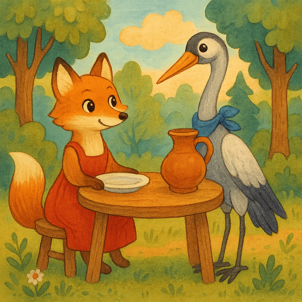 Лиса и журавль сидят за столом на лесной поляне, перед лисой плоская тарелка с кашей, перед журавлём кувшин с окрошкой