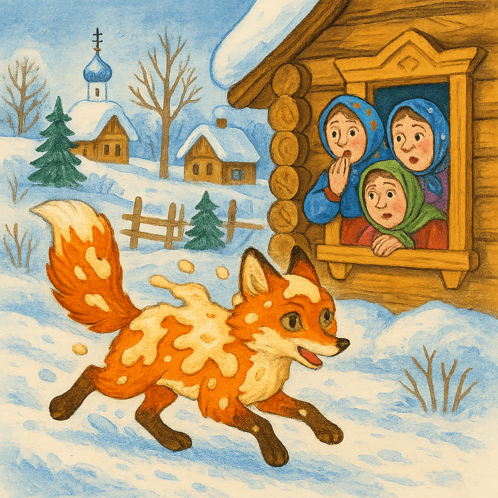 Лисичка вымазана в тесте убегает из избы