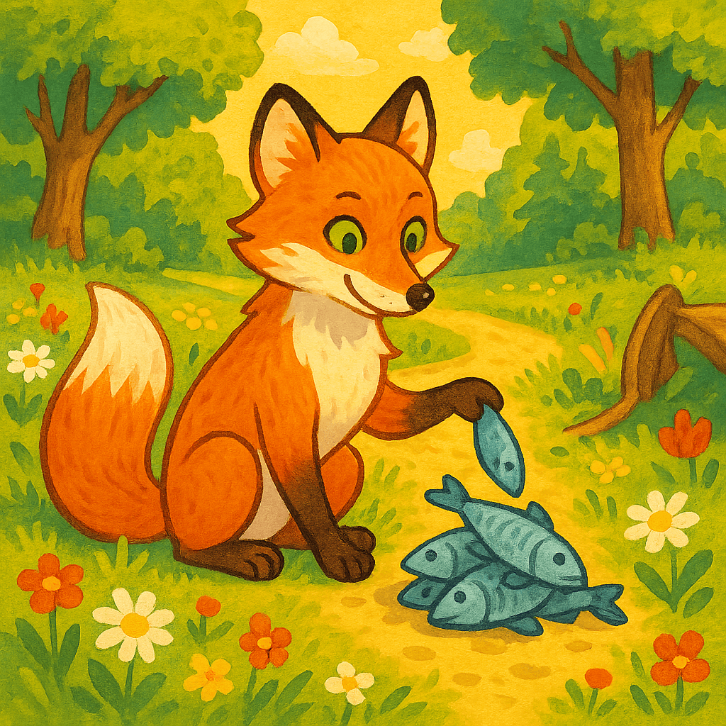 Лисичка собирает рыбу у дороги