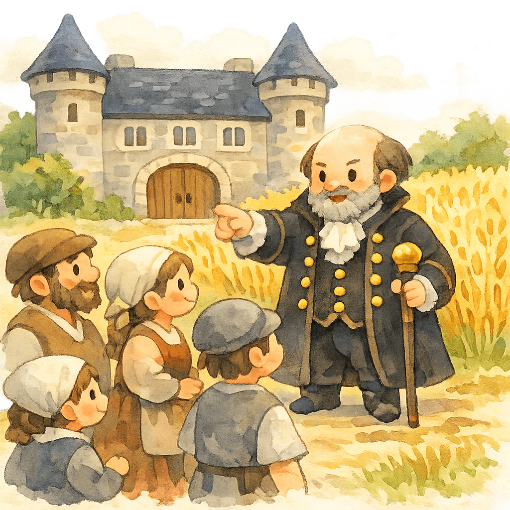 Лорд-тиран раздаёт приказы бедным крестьянам у поместья