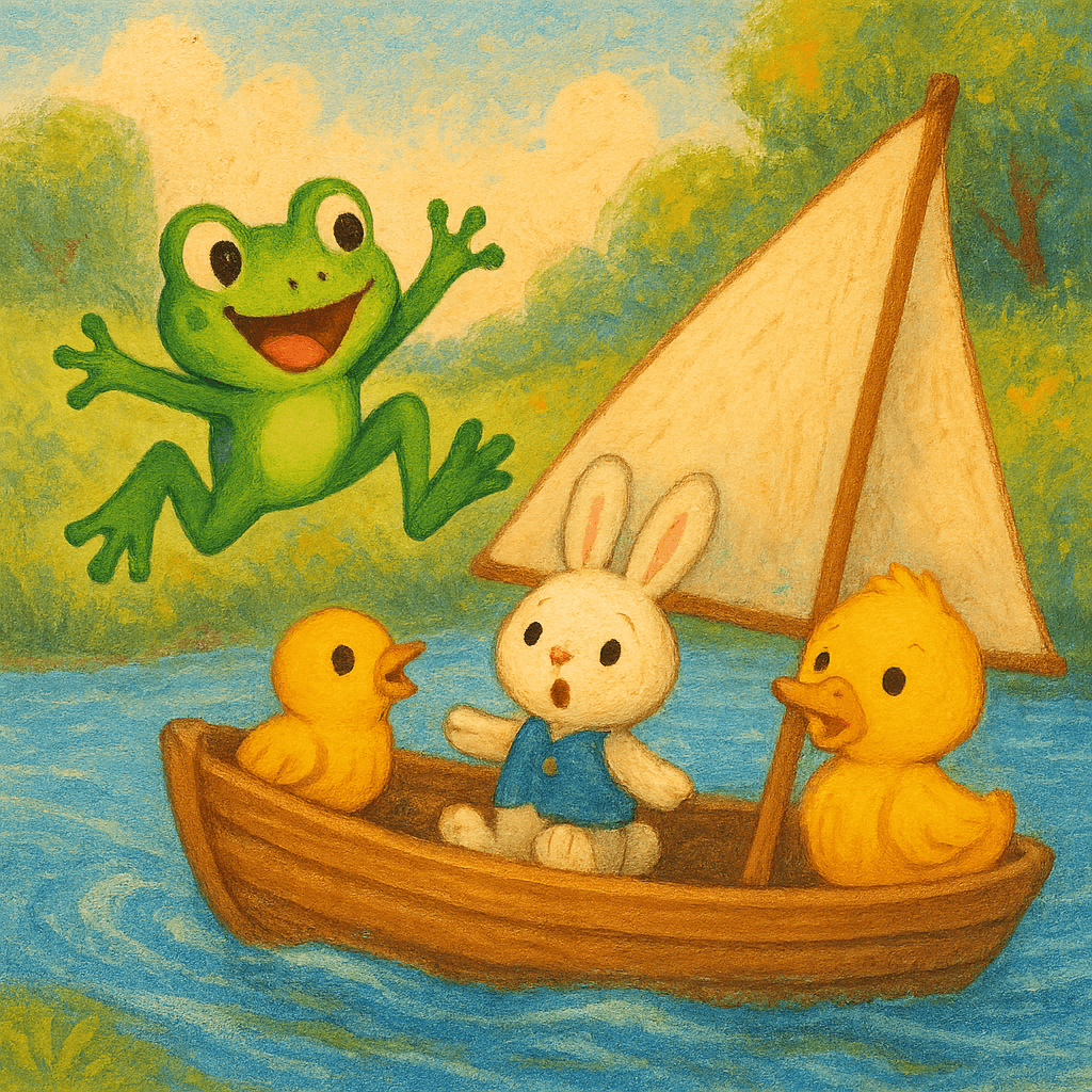 Лягушка прыгает на кораблик к зайчику и его друзьям.