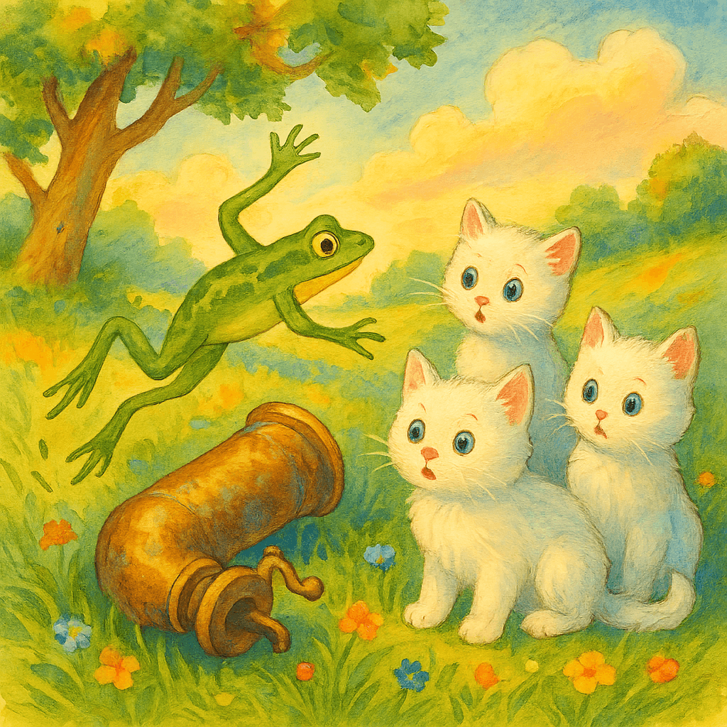 Лягушка прыгает в трубу, котята удивлены