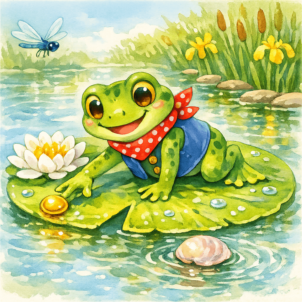 Ква тянется к блестящей ракушке у листа кувшинки