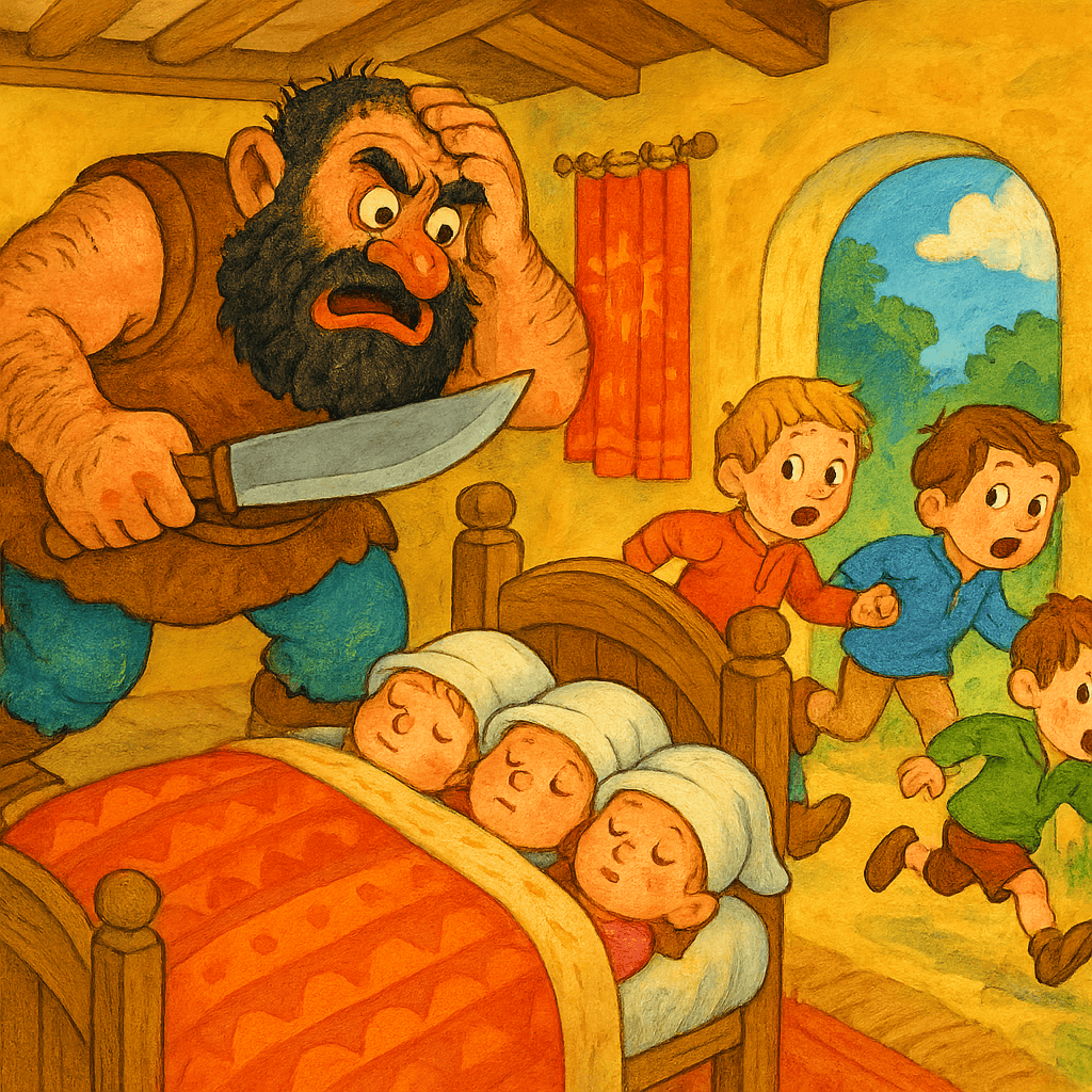 Людоед с ножом видит ошибку, мальчики бегут прочь