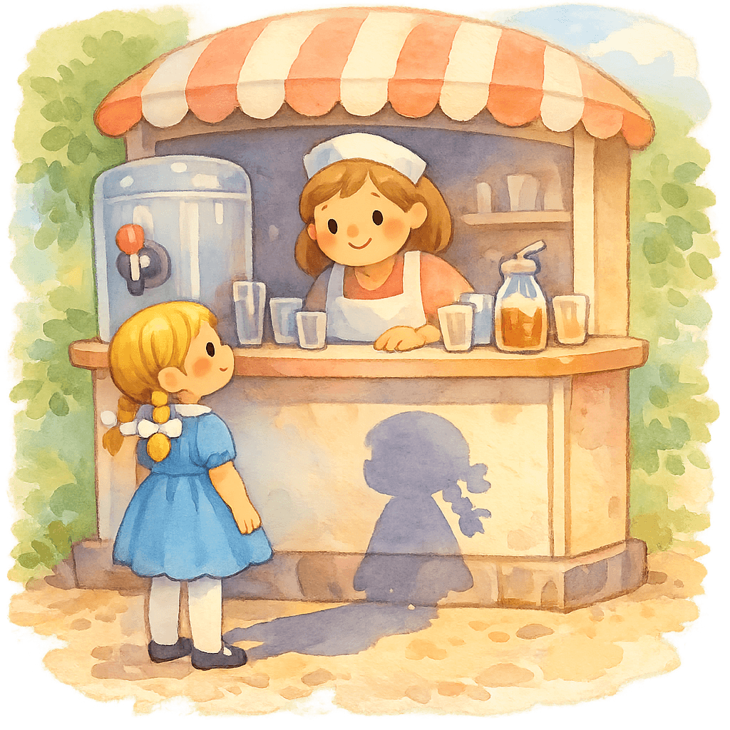 Люся и её тень у киоска с газировкой, продавщица с наколкой