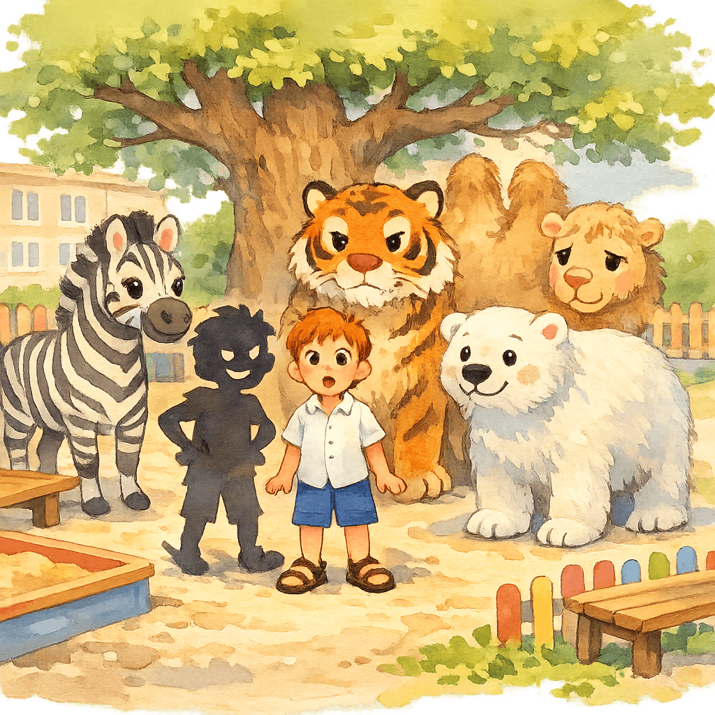 Витя Веткин и его тень вместе с добрыми тенями зебры, тигра, верблюда и белой медведицы на школьном дворе под старым дубом