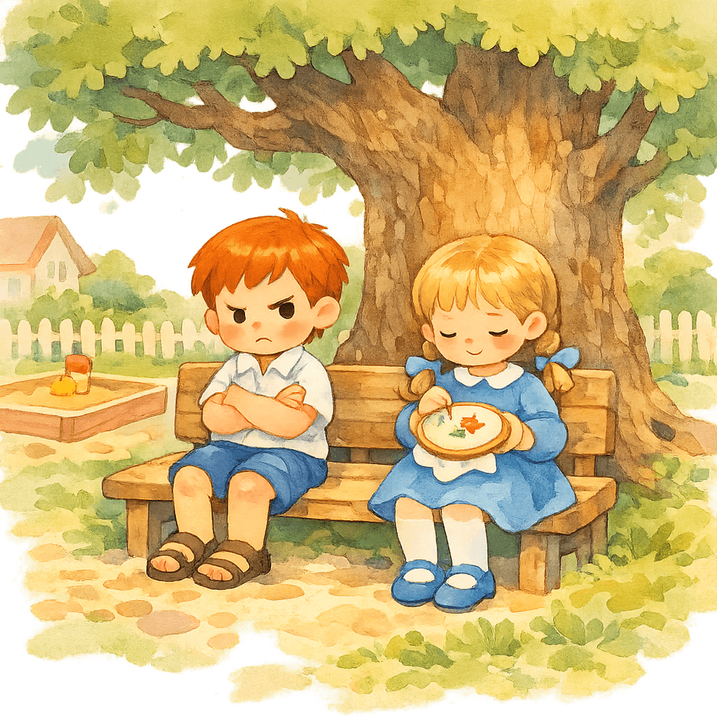 Витя Веткин сердито сидит на скамейке под старым дубом, рядом сидит Люся и вышивает