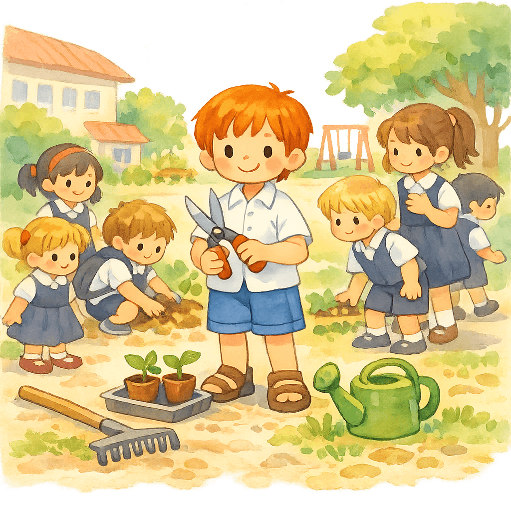 Витя Веткин подстригает ногти ножницами, дети работают на дворе, сажают деревья