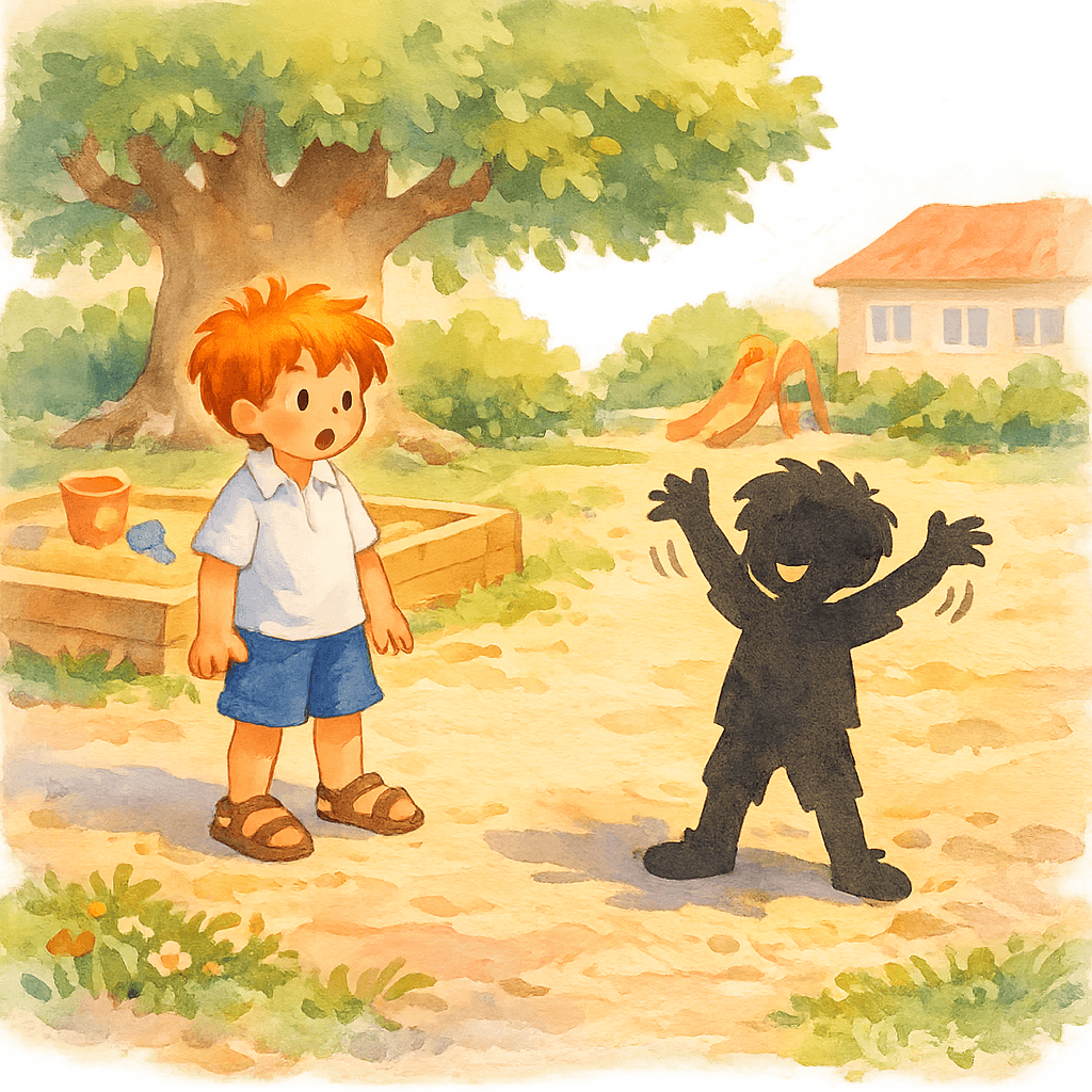 Витя Веткин удивлённо смотрит на свою независимую тень