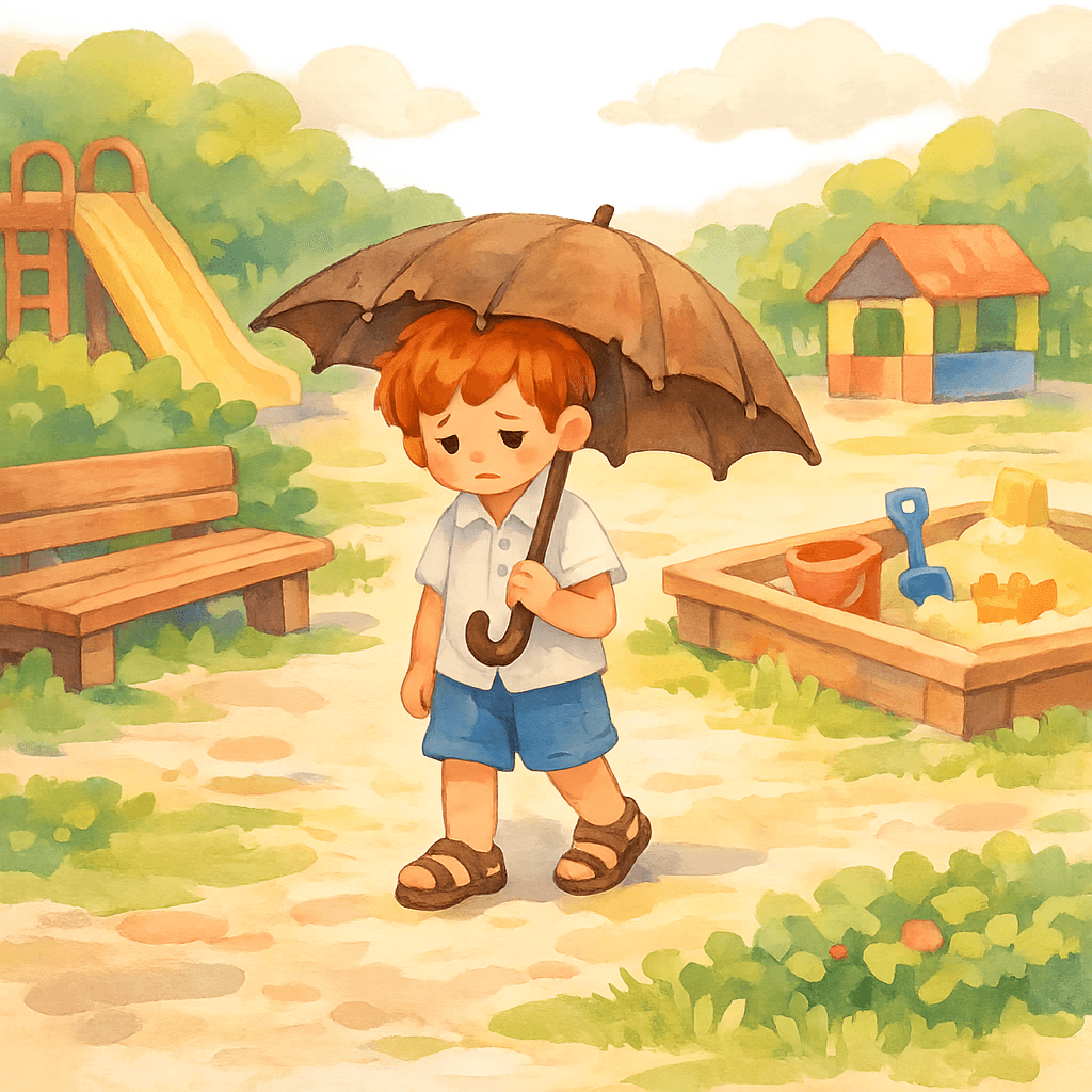 Витя Веткин с зонтиком, но от него нет тени