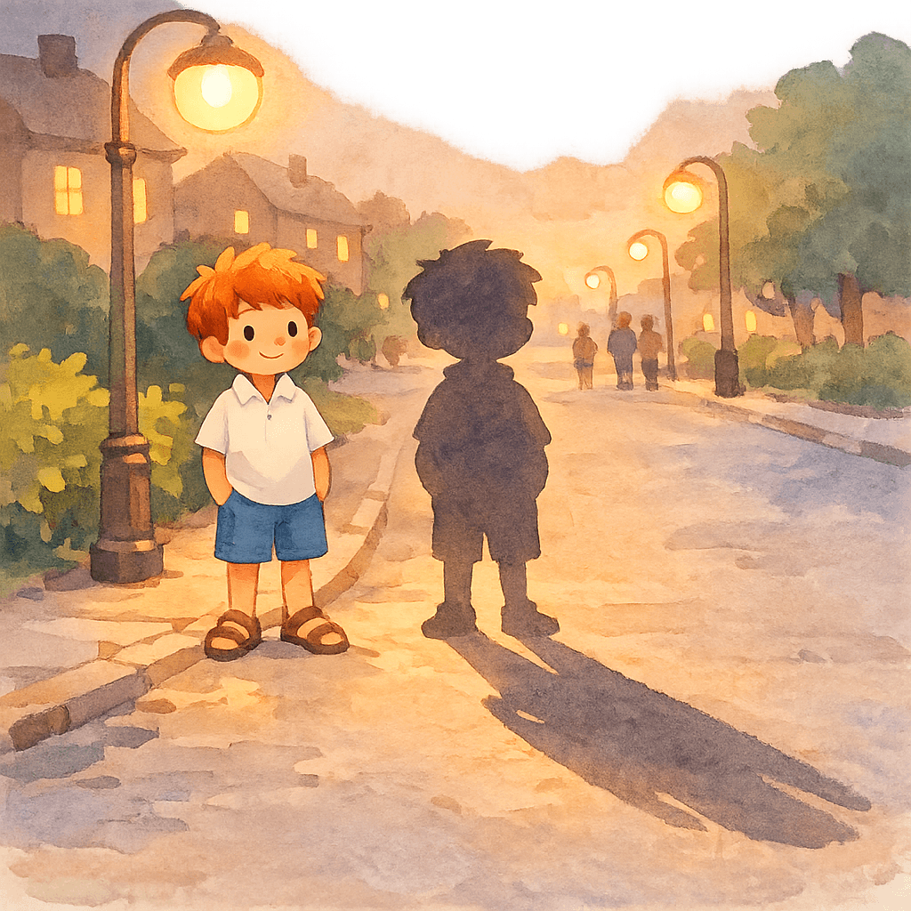 Витя Веткин и его тень вечером под фонарём в городе