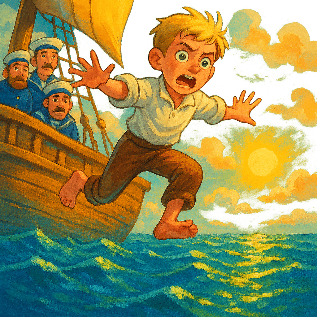 Мальчик прыгает в море.