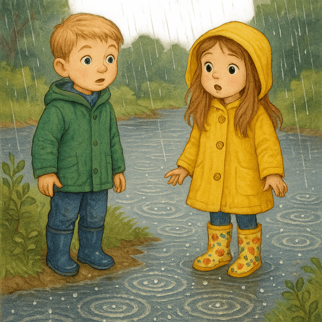 Дети наблюдают за спорым дождём над рекой, капли всплескивают по воде.