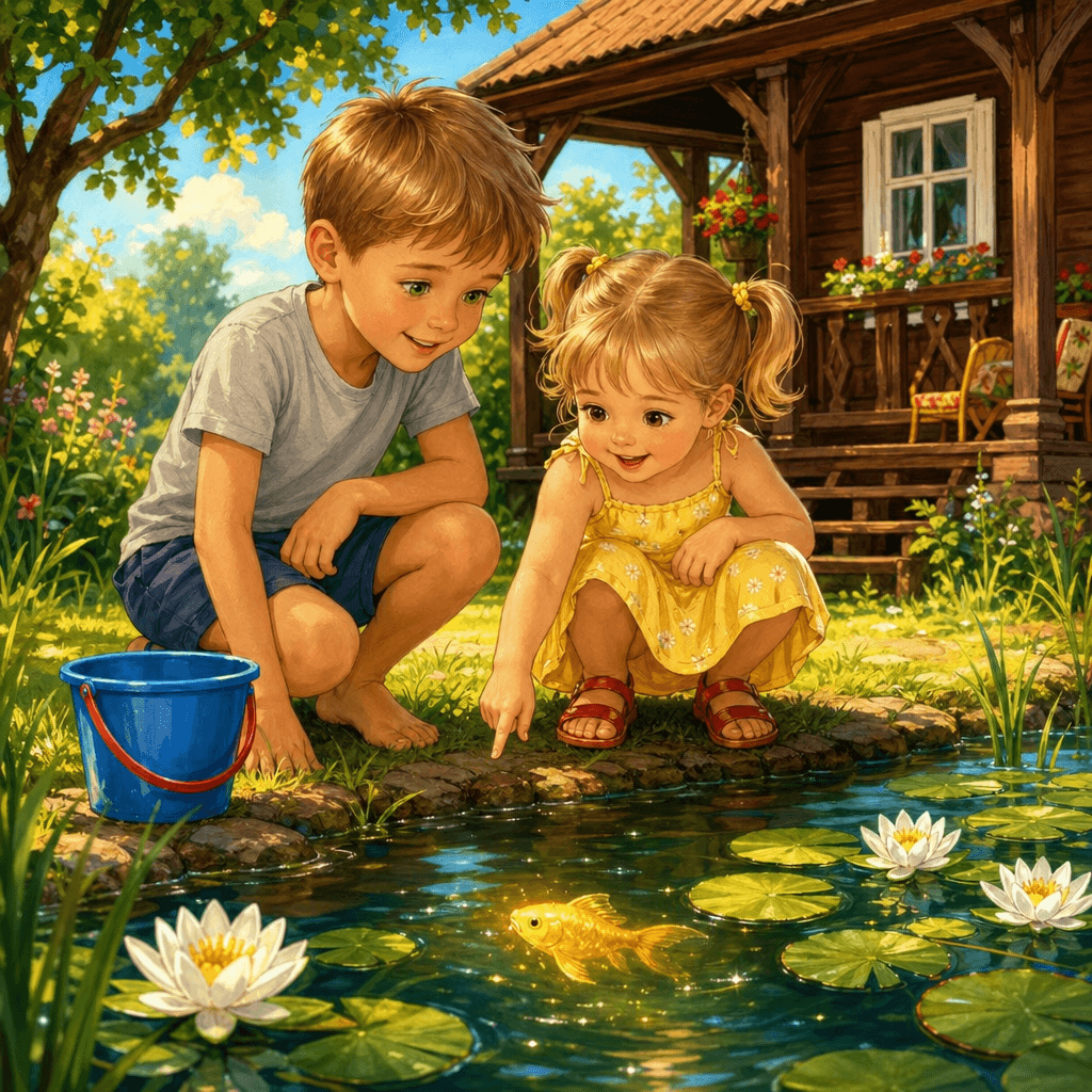 Ваня и Маша у пруда с кувшинками, у воды ведёрко, в пруду видна золотая рыбка