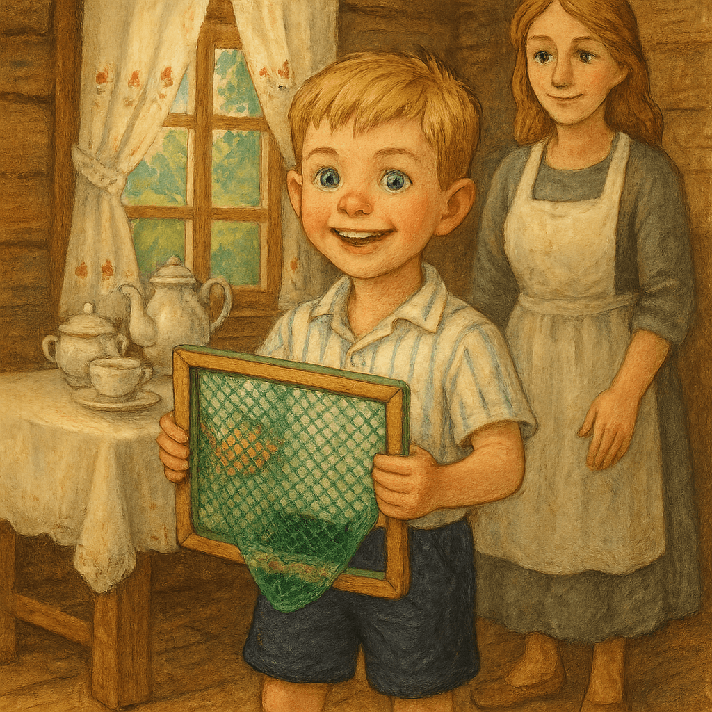 Серёжа показывает матери сеть для ловли птиц