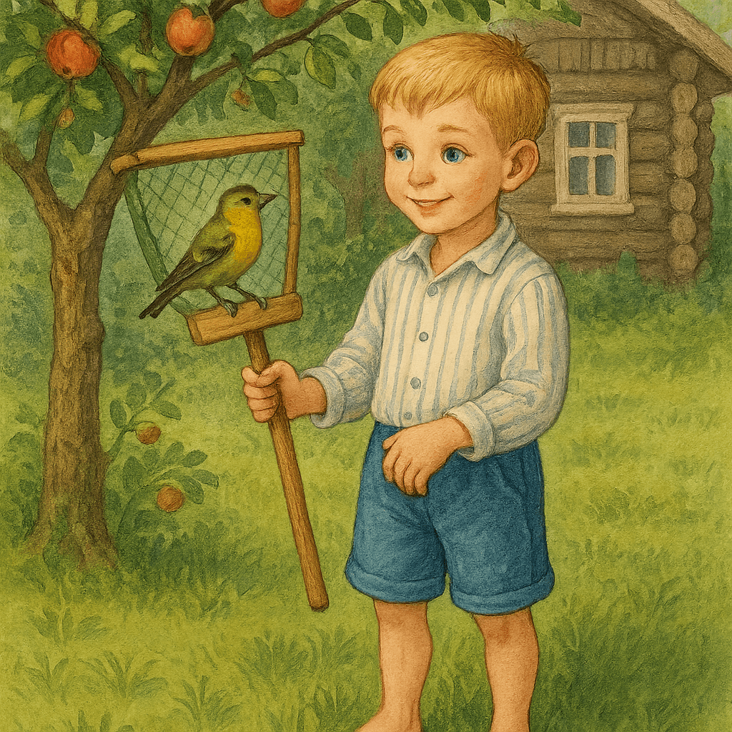 Серёжа поймал птичку чижика в саду