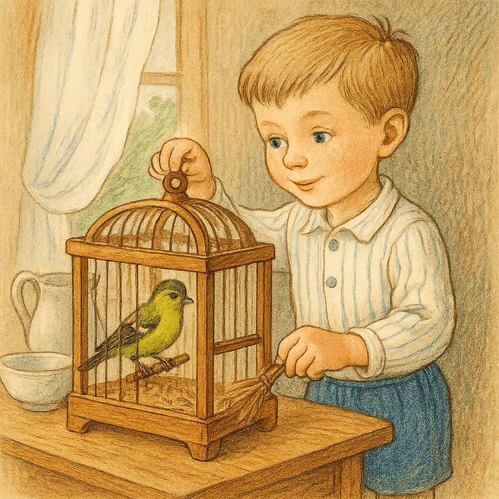 Серёжа чистит клетку с чижиком