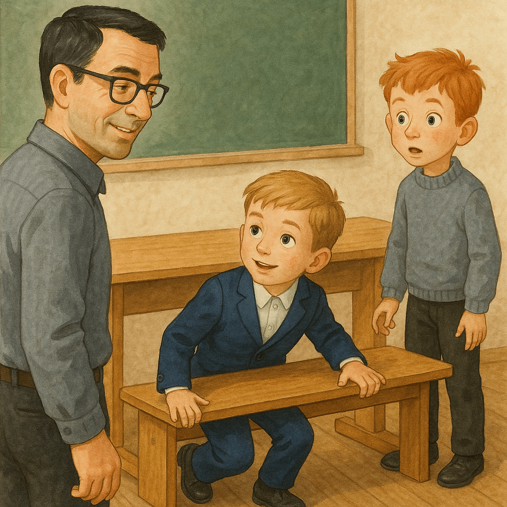 Мальчик вылезает из-под парты и извиняется перед учителем.